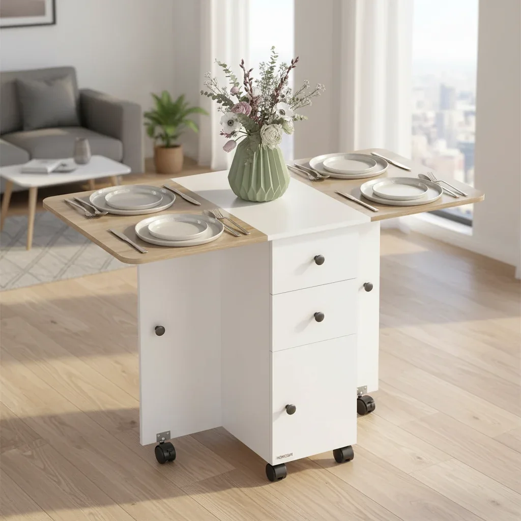 Mesa de refeições rebatível com rodízios e abas rebatíveis