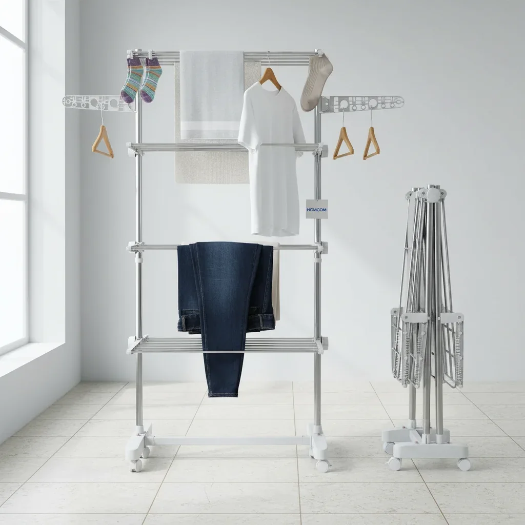 Estendal de Roupa Vertical Dobrável HOMCOM com 6 Rodas